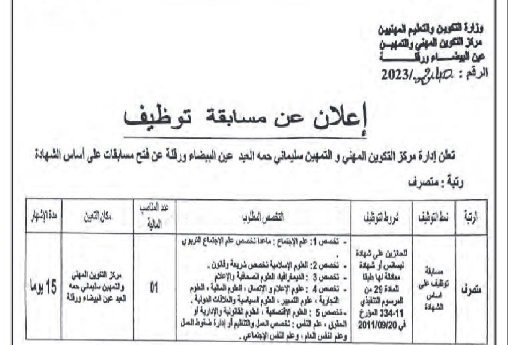 اعلان توظيف بمركز التكوين المهني والتمهين سليماني حمه العيد ورقلة